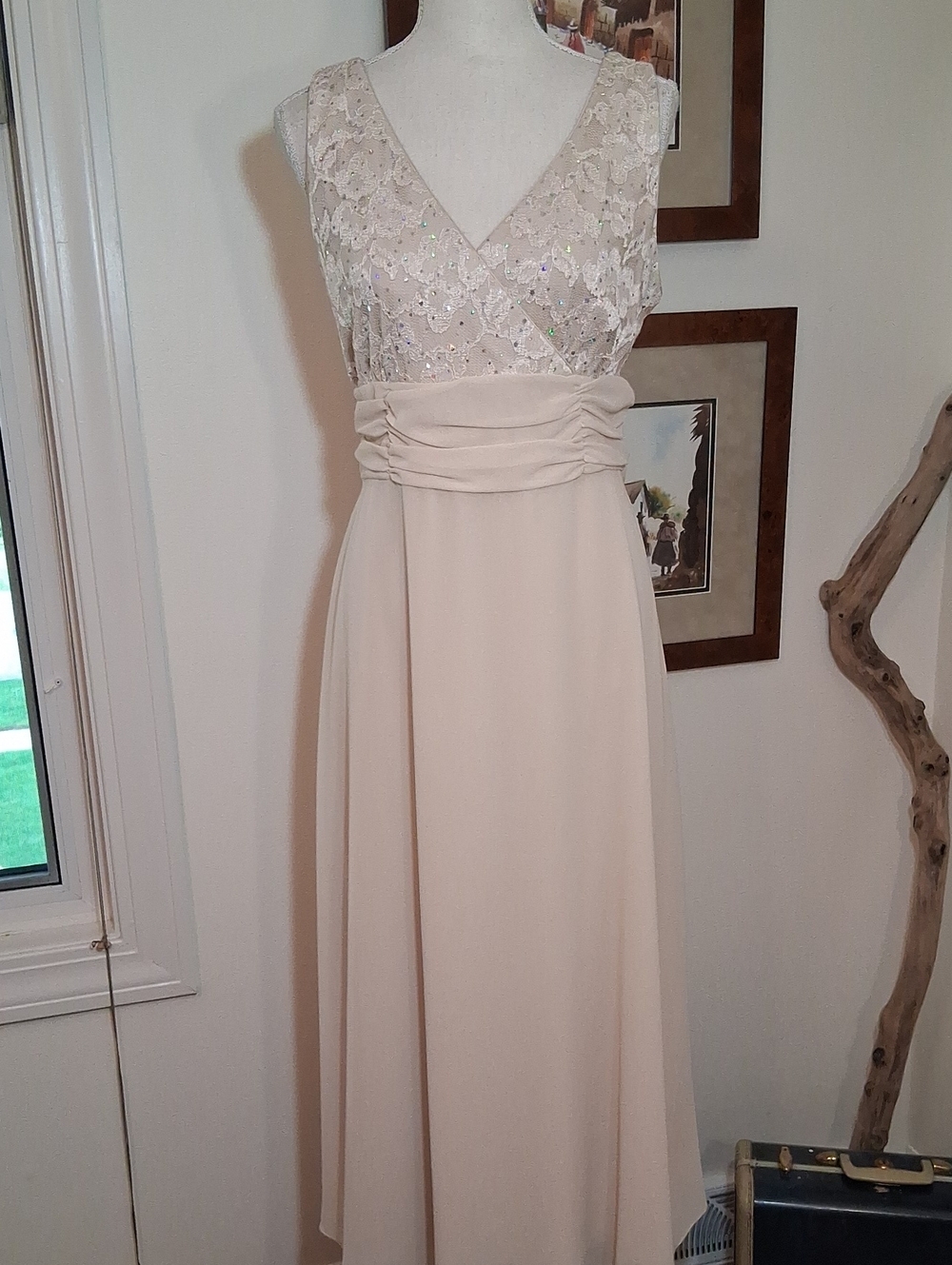 Ivory Lace And Sequin Bodice Sleeveless Maxi Dress with Ruched Waist
